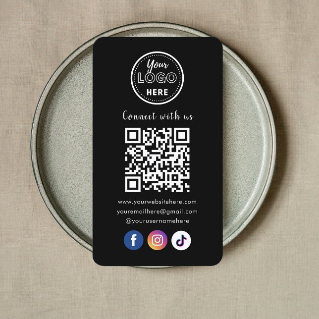 QR Code Connect With Us Trendy Social Media Black Business Card (Creator Uploaded)