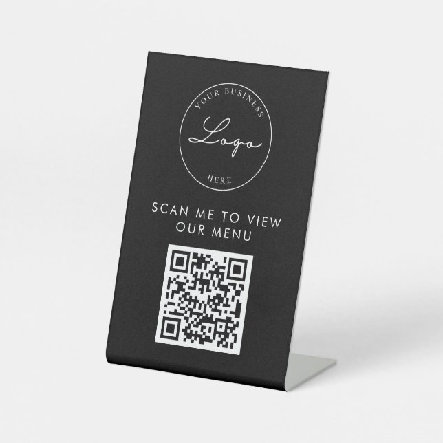 QR Code Contactless Menu Logo Black Modern Pedestal Sign (Front)