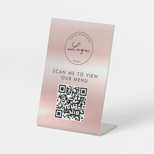 QR Code | Contactless Scan Menu Logo Rose Gold Pedestal Sign (Front)