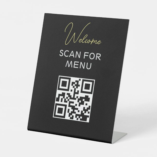 QR Code Contactless Scannable Menu Black White Pedestal Sign (Front)