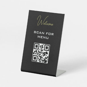 QR Code Contactless Scannable Menu Black White Pedestal Sign