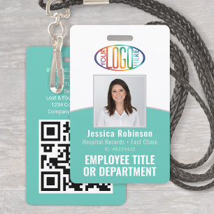 QR Code Corporate Logo Employee Photo ID Teal Blue ID Badge