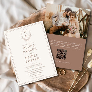 QR Code Crest Mocha Brown Photo Modern Wedding Invitation