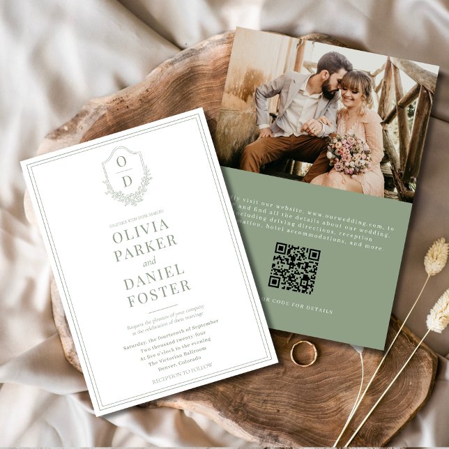 QR Code Crest Sage Green Photo Elegant Wedding Invitation (Creator Uploaded)