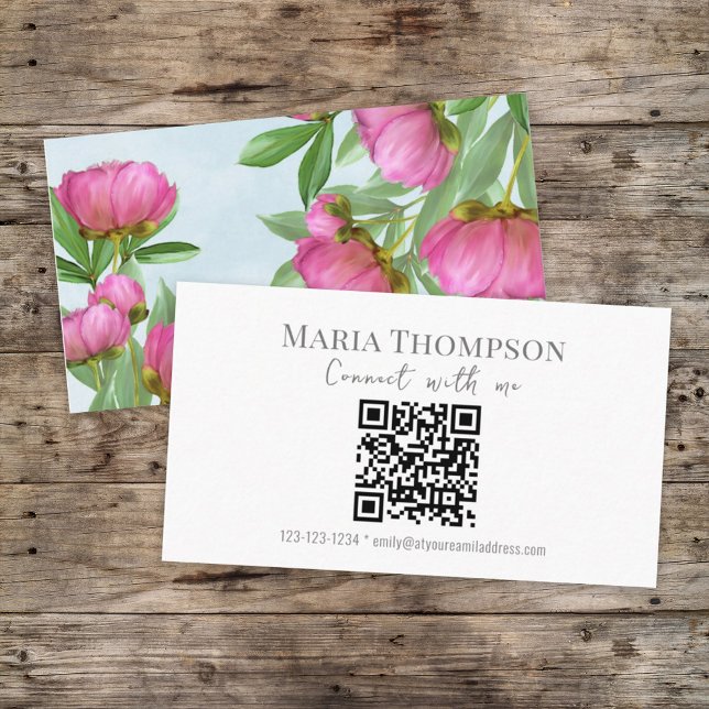 QR Code Custom Elegant Pink Floral Connect with Me Business Card (Creator Uploaded)