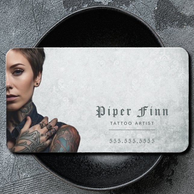 QR Code Custom Grey Demask Vintage Tattoo Artist Business Card (Creator Uploaded)