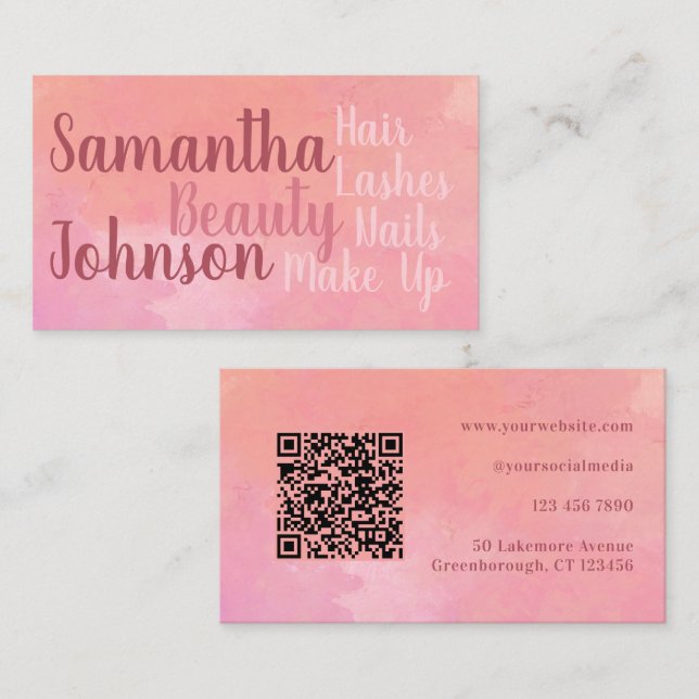 QR Code Custom Modern Pink Beauty Business Card (Front/Back)