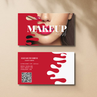 QR Code custom photo Red& White Makeup artist Business Card