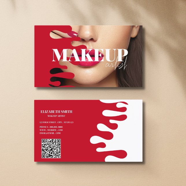 QR Code custom photo Red& White Makeup artist Business Card (Creator Uploaded)