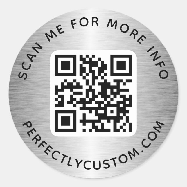 QR code custom text silver grey gradient Classic Round Sticker (Front)