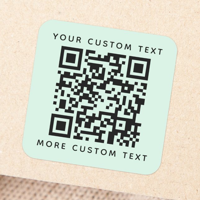QR code custom text top bottom light mint green Square Sticker (Creator Uploaded)