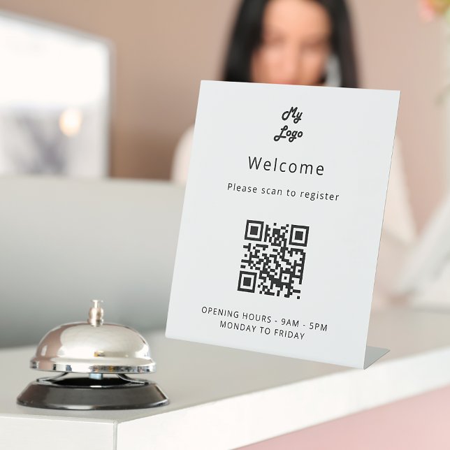 QR code customer registration black white welcome Pedestal Sign (Creator Uploaded)