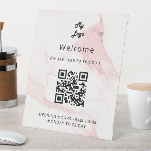QR code customer registration pink marble welcome Pedestal Sign