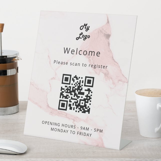 QR code customer registration pink marble welcome  Pedestal Sign (In SItu)