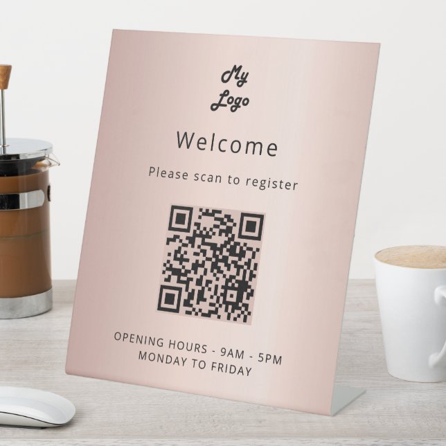 QR code customer registration rose gold welcome Pedestal Sign (In SItu)