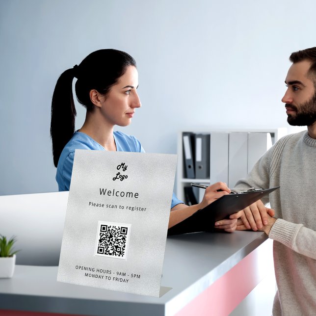 QR code customer registration silver welcome Pedestal Sign (Creator Uploaded)