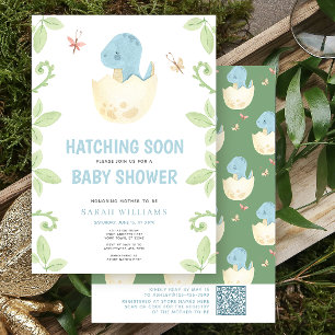 QR Code Cute Dinosaur Hatching Soon Baby Shower Invitation