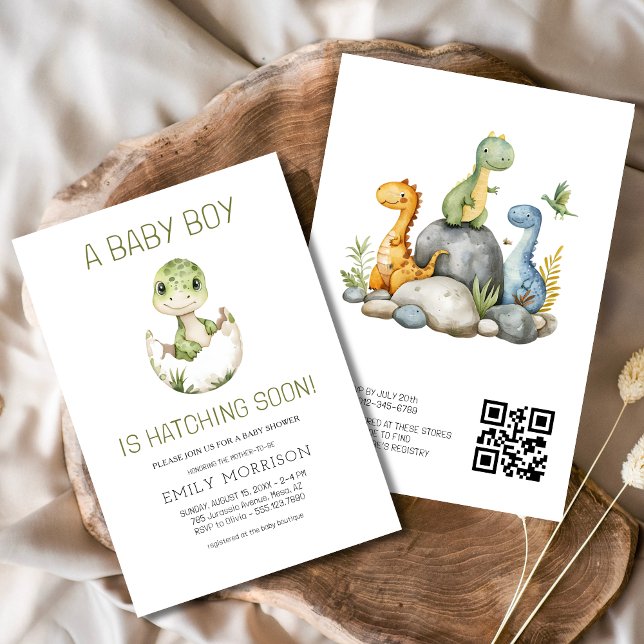 QR Code Cute Dinosaur Hatching Soon Baby Shower Invitation (Creator Uploaded)