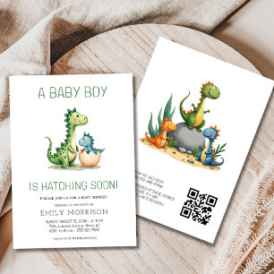 QR Code Cute Dinosaur Hatching Soon Baby Shower Invitation