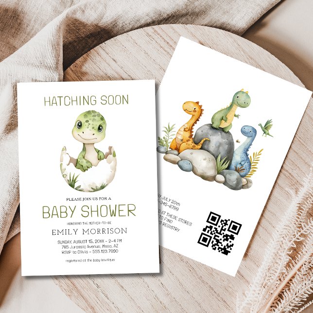 QR Code Cute Dinosaur Hatching Soon Baby Shower Invitation (Creator Uploaded)