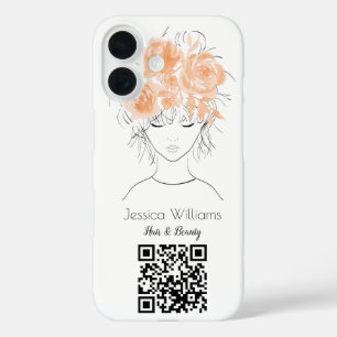 QR code cute girl peach watercolor roses floral iPhone 16 Case