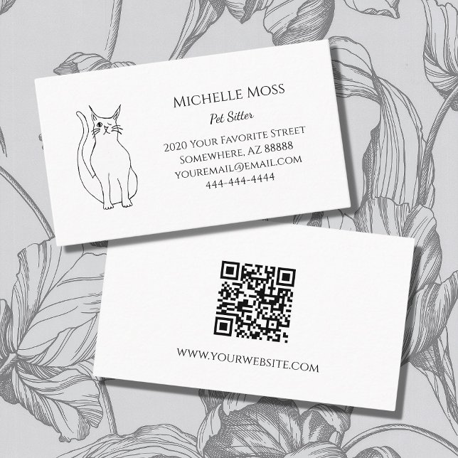 QR code Cute Winking Cat Pet Sitter Black White Business Card (Creator Uploaded)