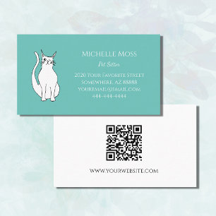 QR code Cute Winking Cat Pet Sitter Teal Green Business Card