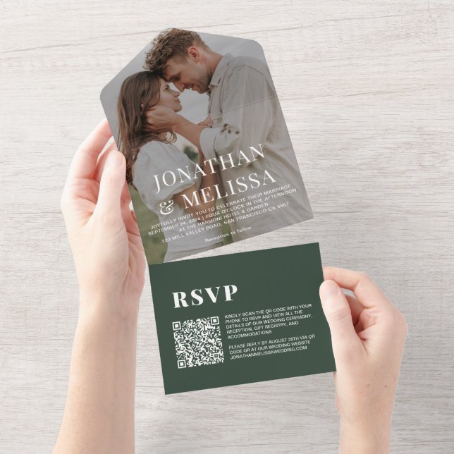 QR Code |  Dark Green Simple Overlay Photo Wedding All In One Invitation (Tearaway)
