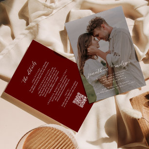 QR Code Dark Red Overlay Photo Script Wedding Invitation