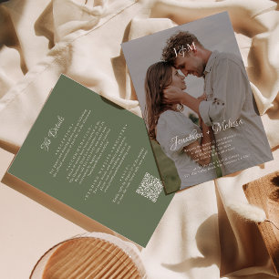 QR Code Deep Sage Green Monogram Photo Wedding Invitation