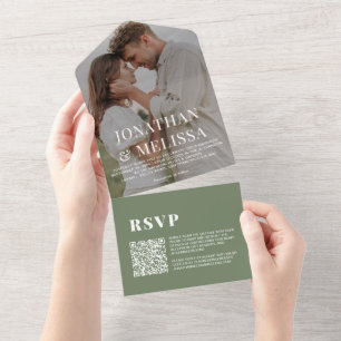 QR Code Deep Sage Green Overlay Photo Wedding All In One Invitation