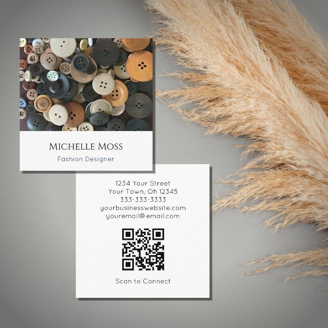 QR code Designer Sewing Buttons Simple Typography  Square Business Card (Creator Uploaded)