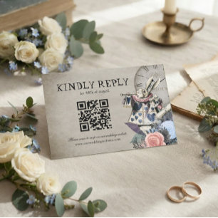 QR Code Dusty Blue Alice in Wonderland Wedding RSVP Card