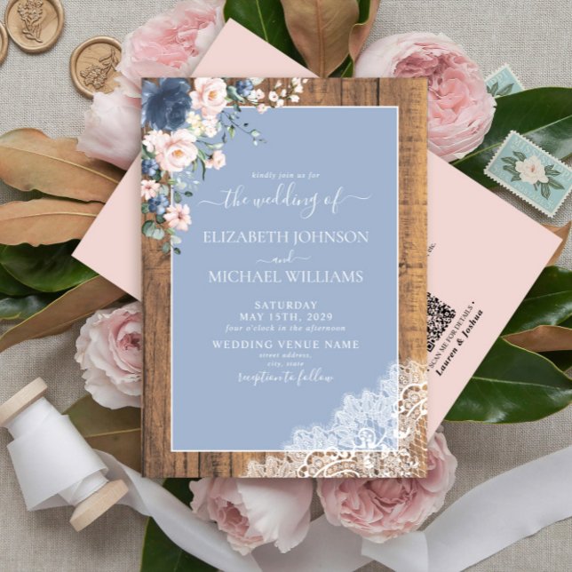 QR Code Dusty Blue Blush Rustic Wood Lace Wedding Invitation (Creator Uploaded)