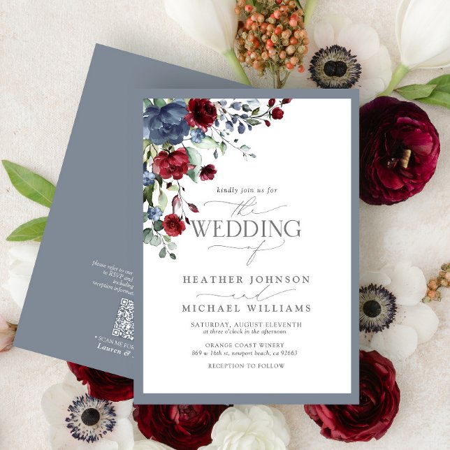 QR Code Dusty Blue Burgundy Watercolor Floral Invitation (Creator Uploaded)