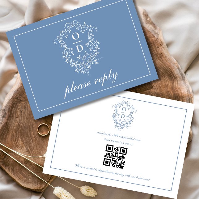 QR Code Dusty Blue Crest Monogram Wedding RSVP Card (Creator Uploaded)