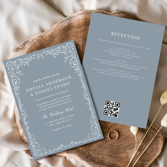 QR Code Dusty Blue Elegant Minimal Wedding Invitation (Creator Uploaded)