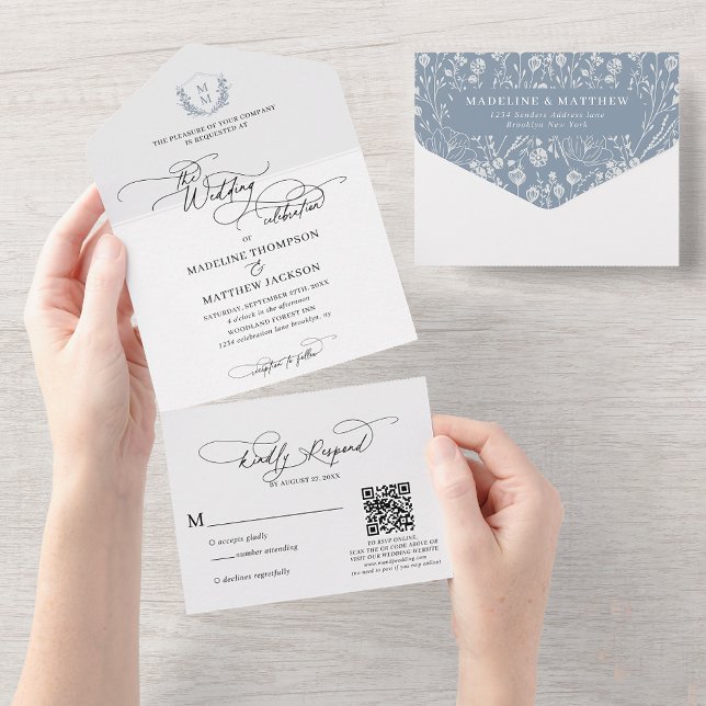 QR Code Dusty Blue Floral Crest Monogram Wedding All In One Invitation (Creator Uploaded)