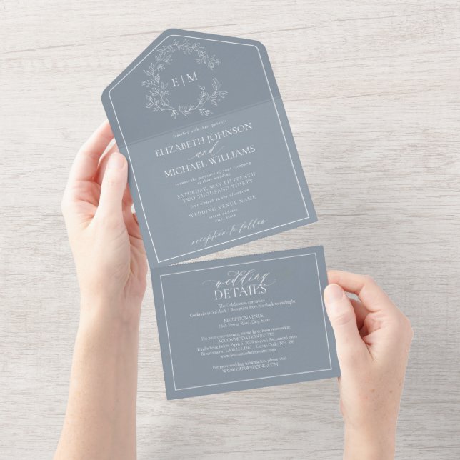 QR Code Dusty Blue Leafy Crest Monogram Wedding All In One Invitation (Tearaway)