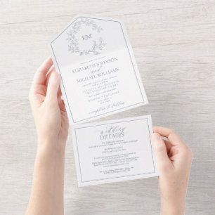 QR Code Dusty Blue Leafy Crest Monogram Wedding All In One Invitation