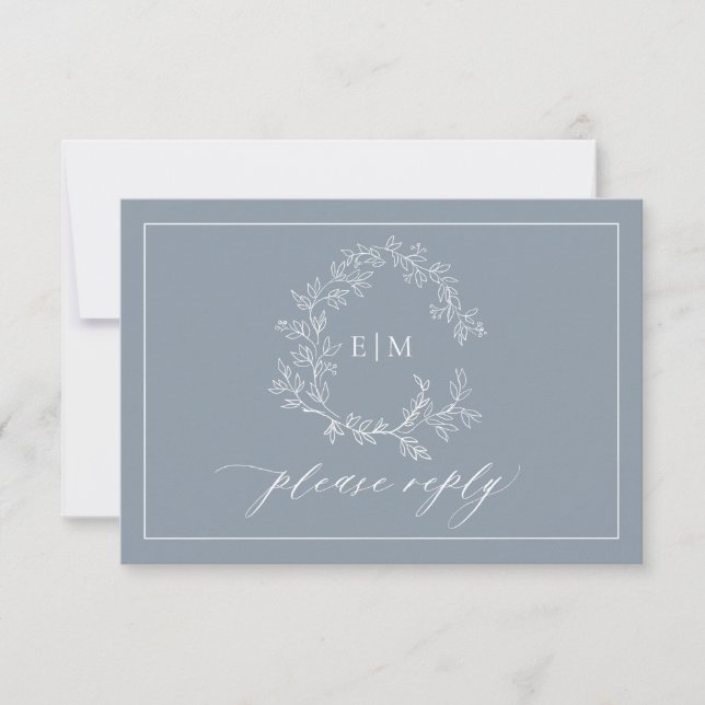 QR Code Dusty Blue Leafy Crest Monogram Wedding RSVP Card (Front)