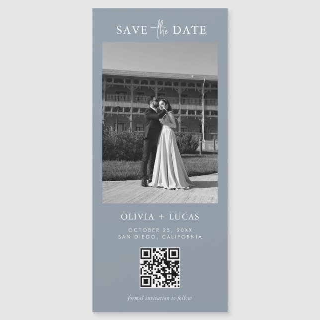 QR Code Dusty Blue Magnetic Wedding Save The Date (Front)