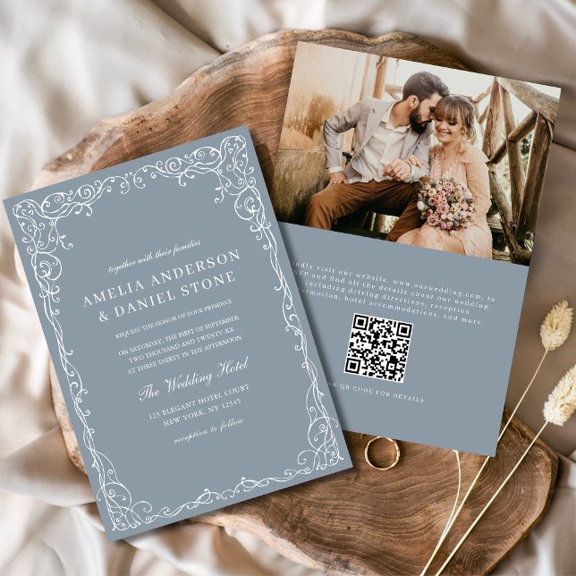 QR Code Dusty Blue Photo Minimalist Wedding Invitation (Creator Uploaded)