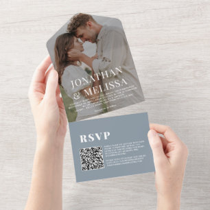 QR Code Dusty Blue Simple Overlay Photo Wedding All In One Invitation