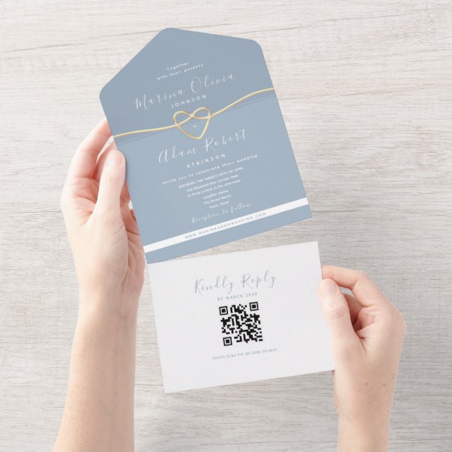 QR Code Dusty Blue Wedding All In One Invitation (Tearaway)