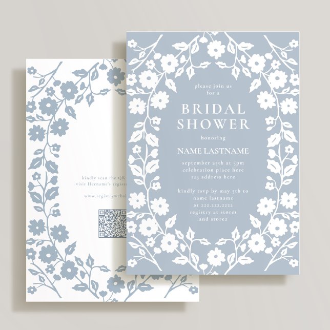 QR Code Dusty Blue White Folk Floral Bridal Shower Invitation (Creator Uploaded)