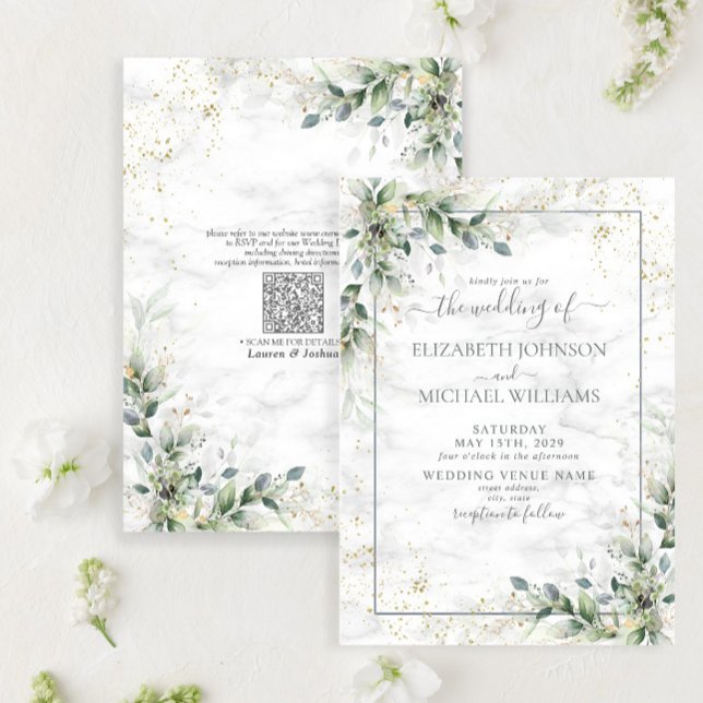 QR Code Dusty Eucalyptus Botanical Gold Greenery Invitation (Creator Uploaded)