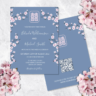 QR Code Dusty Pink Blossom Blue   Chinese Wedding Invitation