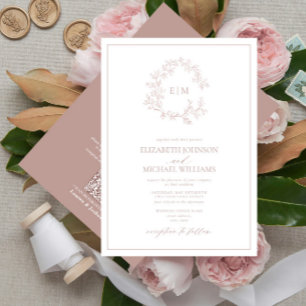 QR Code Dusty Rose Leafy Crest Monogram Wedding Invitation