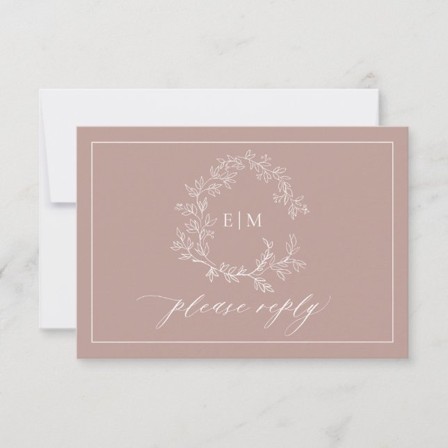 QR Code Dusty Rose Leafy Crest Monogram Wedding RSVP Card (Front)